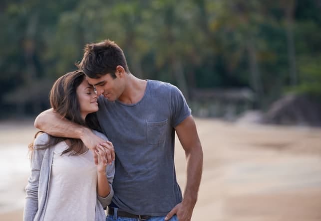 a young couple in love going for a walk