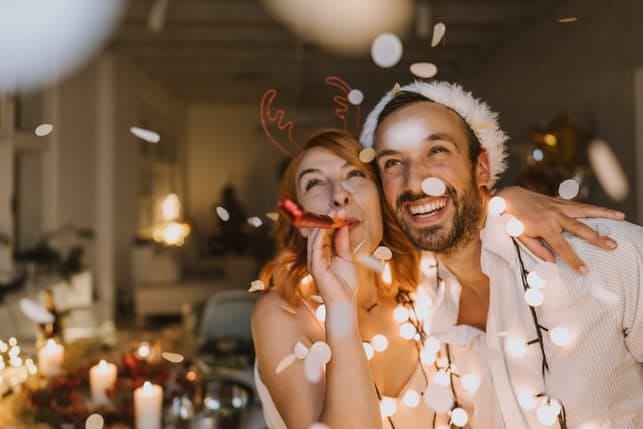 a happy couple celebrating together